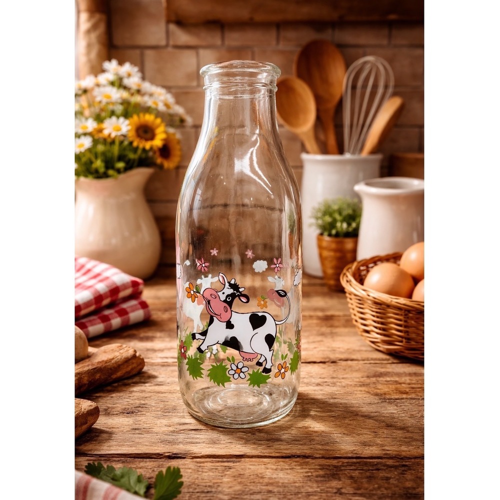 Vintage Glass Milk Bottle Cow Floral Farmhouse Kitchen Decor Retro Juice Bottle